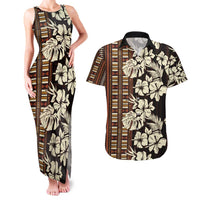 Bula Fiji Masi Couples Matching Tank Maxi Dress and Hawaiian Shirt Tapa Tropical Hibiscus Half Stylized LT14 Brown - Polynesian Pride