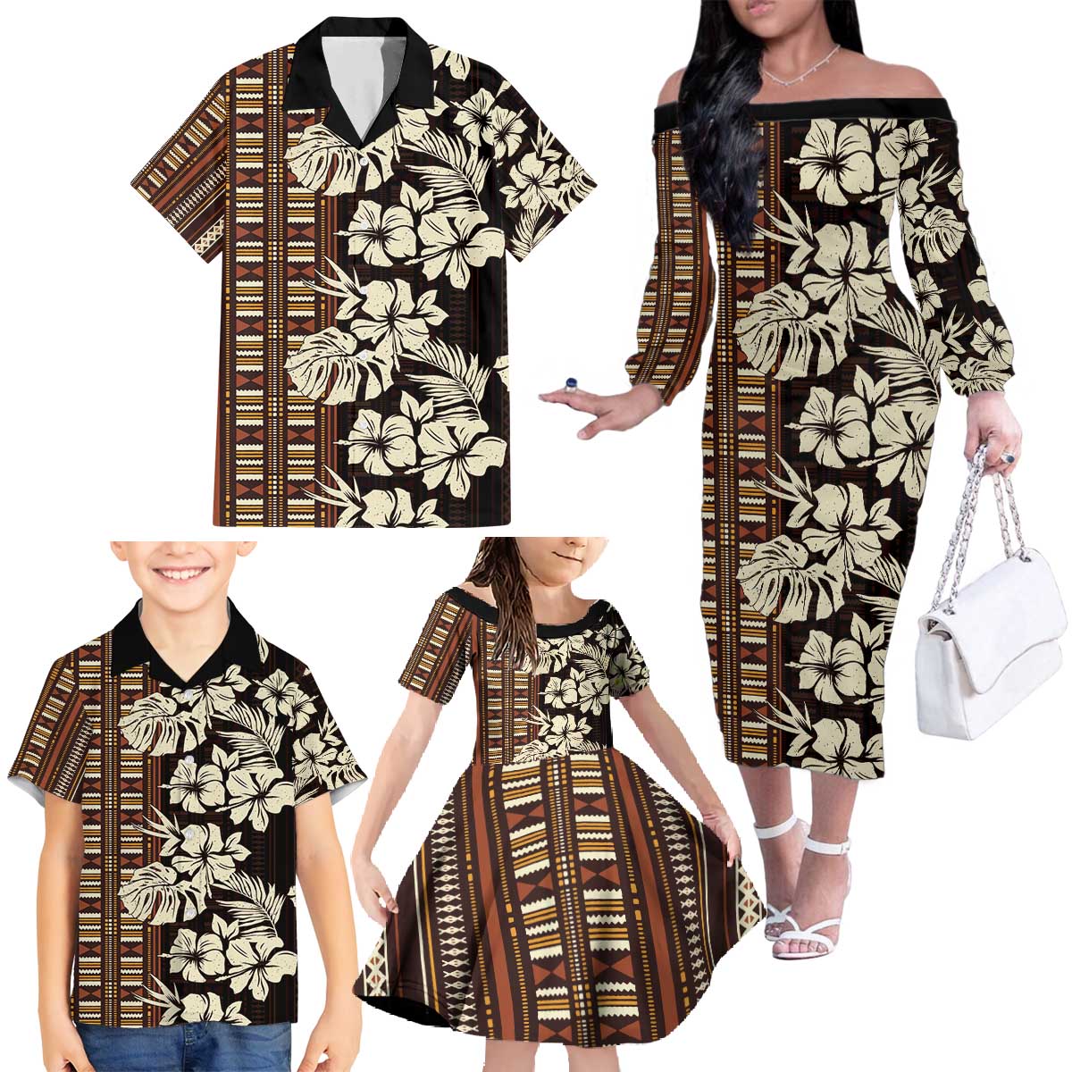 Bula Fiji Masi Family Matching Off The Shoulder Long Sleeve Dress and Hawaiian Shirt Tapa Tropical Hibiscus Half Stylized LT14 - Polynesian Pride