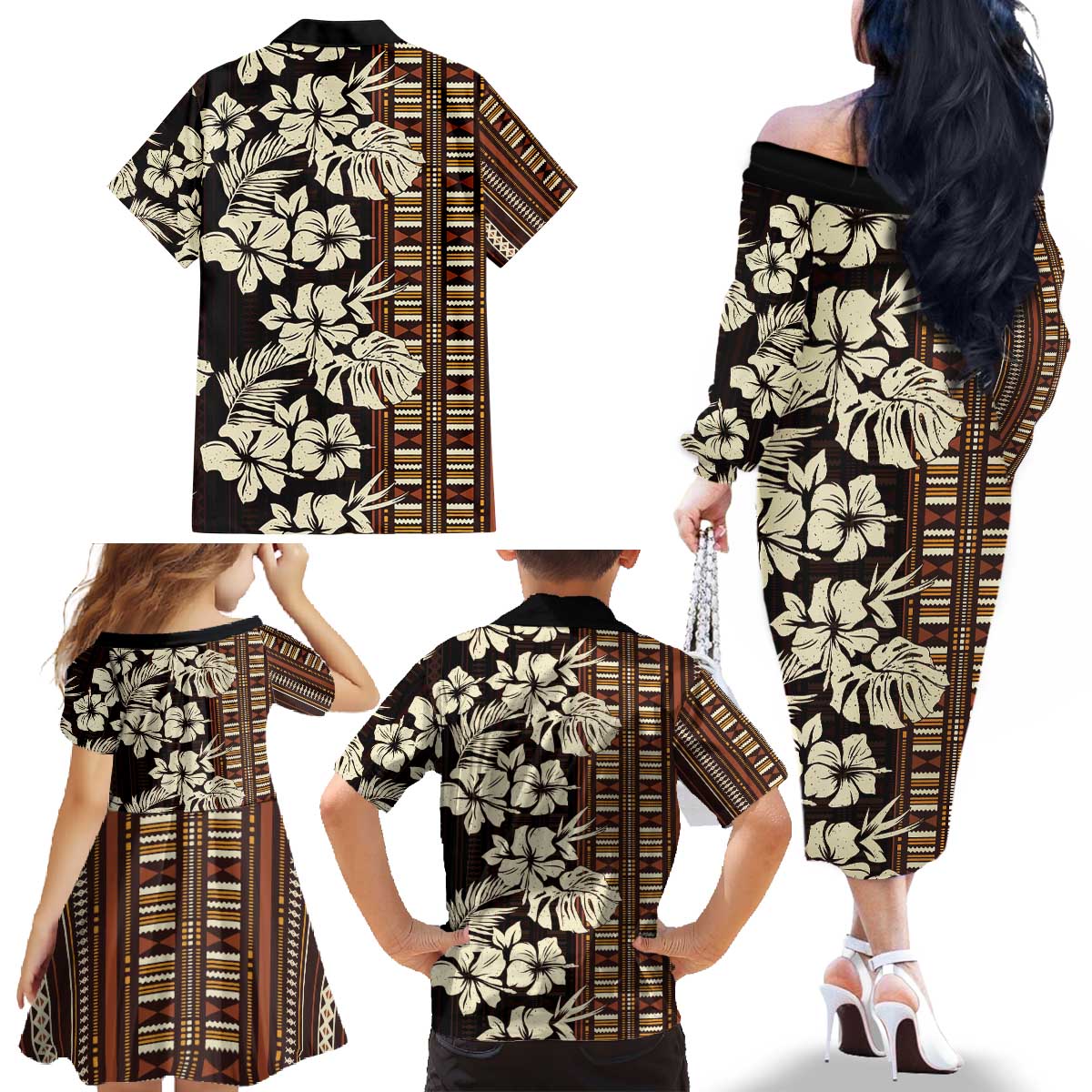 Bula Fiji Masi Family Matching Off The Shoulder Long Sleeve Dress and Hawaiian Shirt Tapa Tropical Hibiscus Half Stylized LT14 - Polynesian Pride