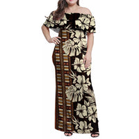 Bula Fiji Masi Family Matching Off Shoulder Maxi Dress and Hawaiian Shirt Tapa Tropical Hibiscus Half Stylized LT14 Mom's Dress Brown - Polynesian Pride