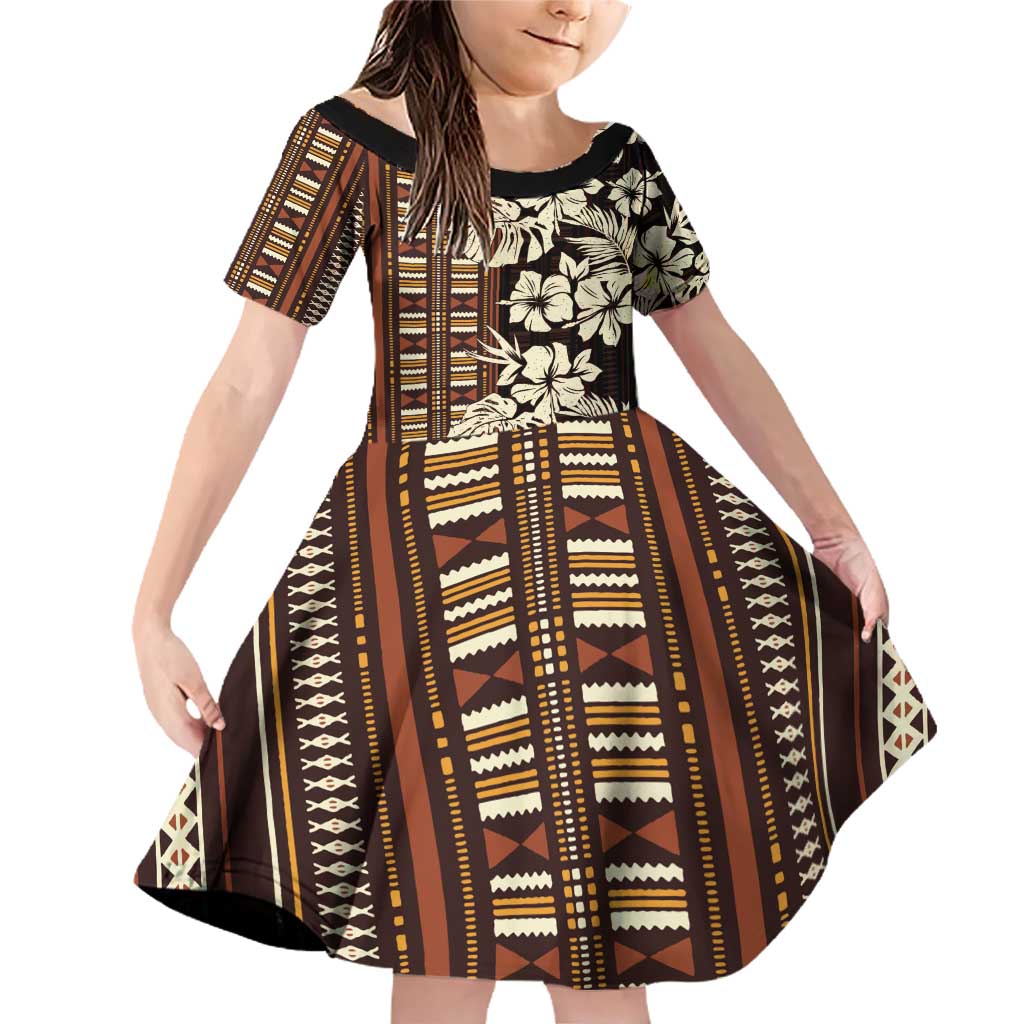 Bula Fiji Masi Family Matching Off Shoulder Short Dress and Hawaiian Shirt Tapa Tropical Hibiscus Half Stylized LT14 Daughter's Dress Brown - Polynesian Pride