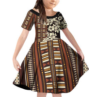 Bula Fiji Masi Family Matching Off Shoulder Short Dress and Hawaiian Shirt Tapa Tropical Hibiscus Half Stylized LT14 Daughter's Dress Brown - Polynesian Pride
