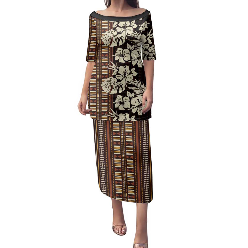 Bula Fiji Masi Family Matching Puletasi and Hawaiian Shirt Tapa Tropical Hibiscus Half Stylized LT14 Mom's Dress Brown - Polynesian Pride