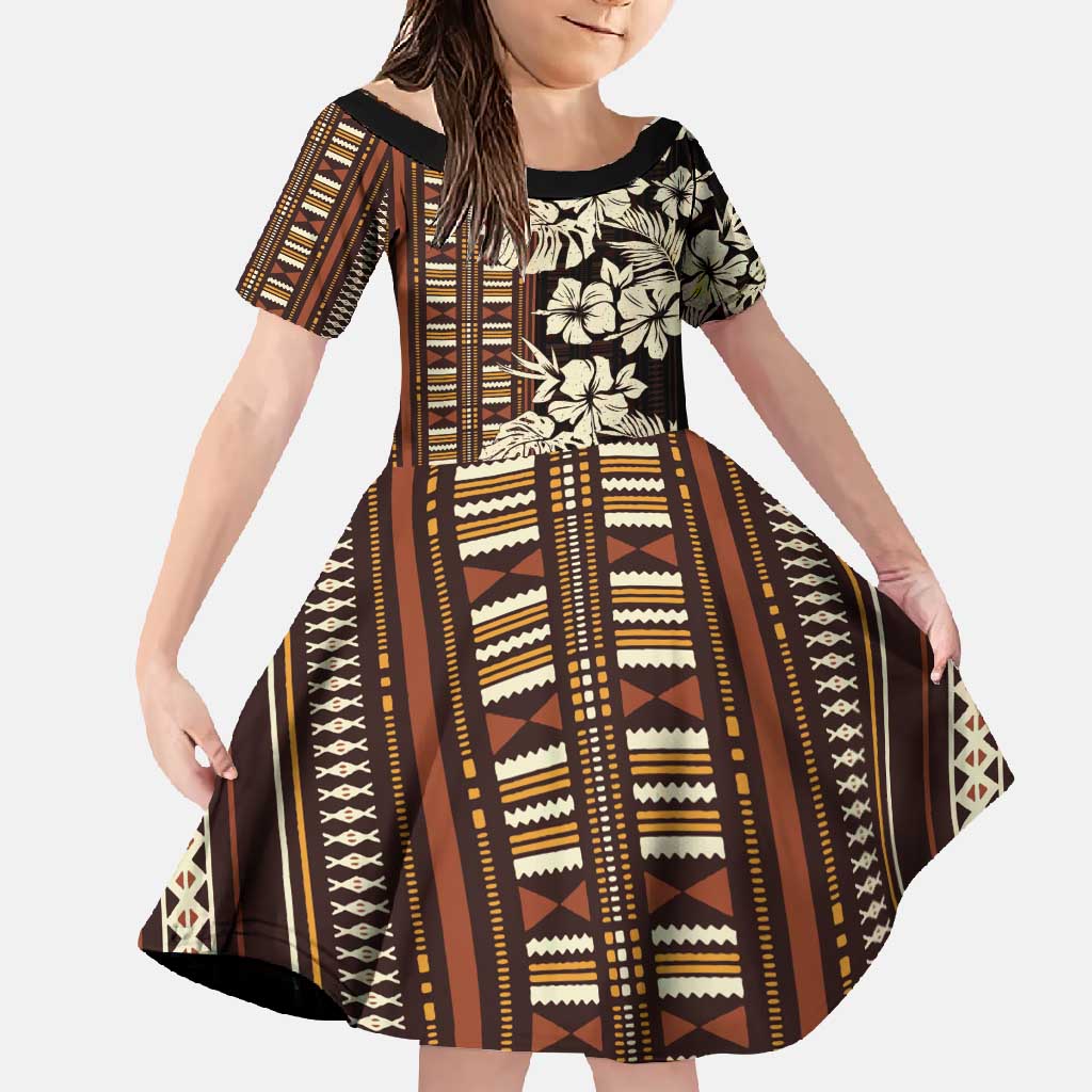 Bula Fiji Masi Family Matching Tank Maxi Dress and Hawaiian Shirt Tapa Tropical Hibiscus Half Stylized LT14 Daughter's Dress Brown - Polynesian Pride