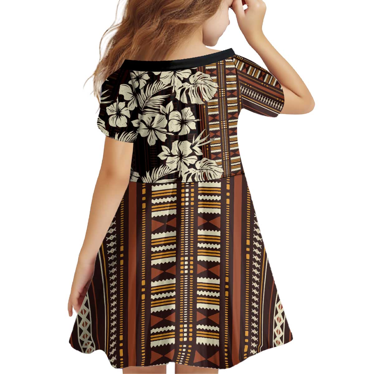 Bula Fiji Masi Kid Short Sleeve Dress Tapa Tropical Hibiscus Half Stylized - Polynesian Pride