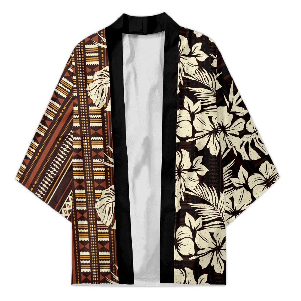Bula Fiji Masi Kimono Tapa Tropical Hibiscus Half Stylized LT14 Unisex Brown - Polynesian Pride