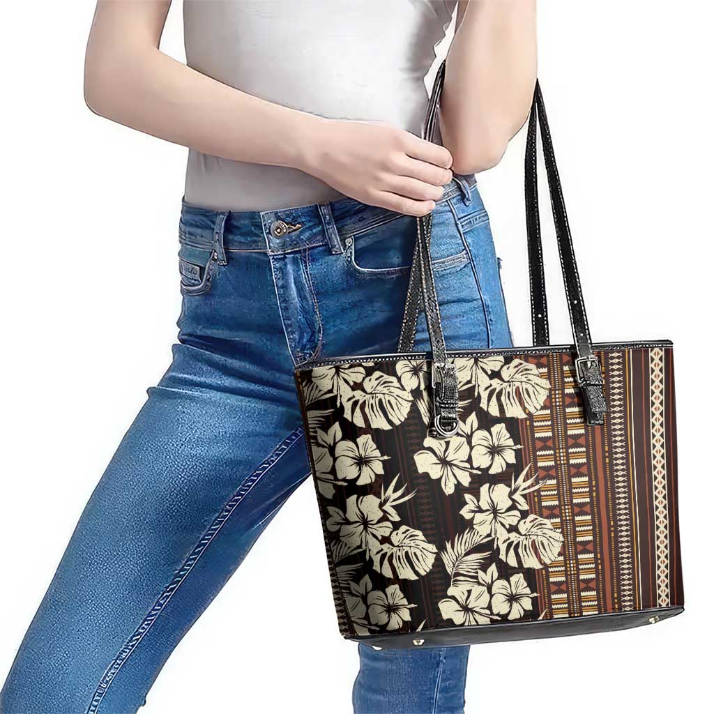 Bula Fiji Masi Leather Tote Bag Tapa Tropical Hibiscus Half Stylized - Polynesian Pride