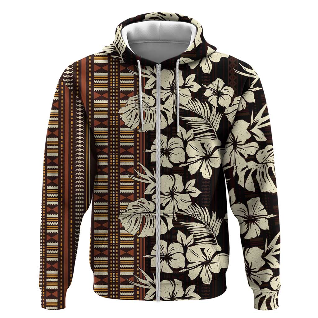 Bula Fiji Masi Zip Hoodie Tapa Tropical Hibiscus Half Stylized - Polynesian Pride