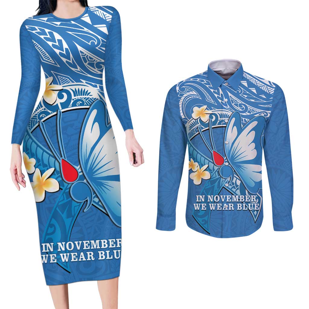 Polynesia Diabetes Awareness Month Couples Matching Long Sleeve Bodycon Dress and Long Sleeve Button Shirt In November We Wear Blue