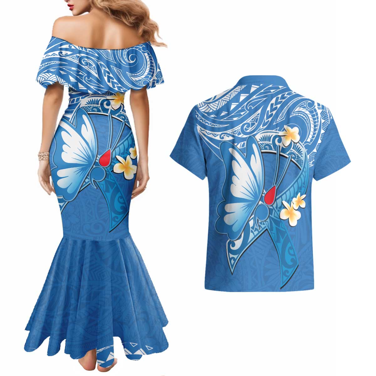 Polynesia Diabetes Awareness Month Couples Matching Mermaid Dress and Hawaiian Shirt In November We Wear Blue LT14 - Polynesian Pride