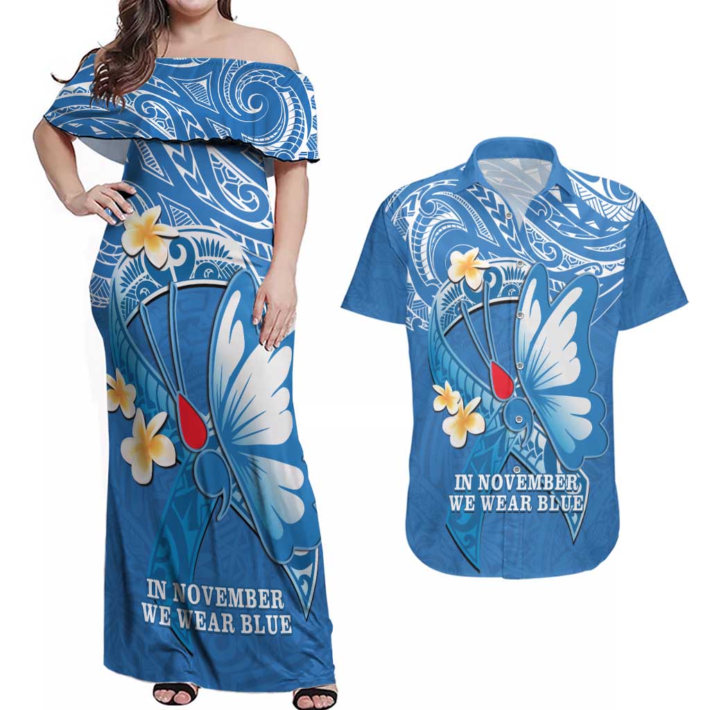 Polynesia Diabetes Awareness Month Couples Matching Off Shoulder Maxi Dress and Hawaiian Shirt In November We Wear Blue LT14 Blue - Polynesian Pride