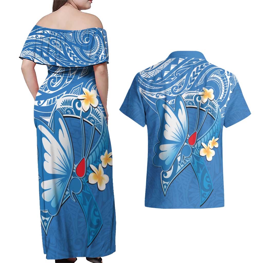 Polynesia Diabetes Awareness Month Couples Matching Off Shoulder Maxi Dress and Hawaiian Shirt In November We Wear Blue LT14 - Polynesian Pride