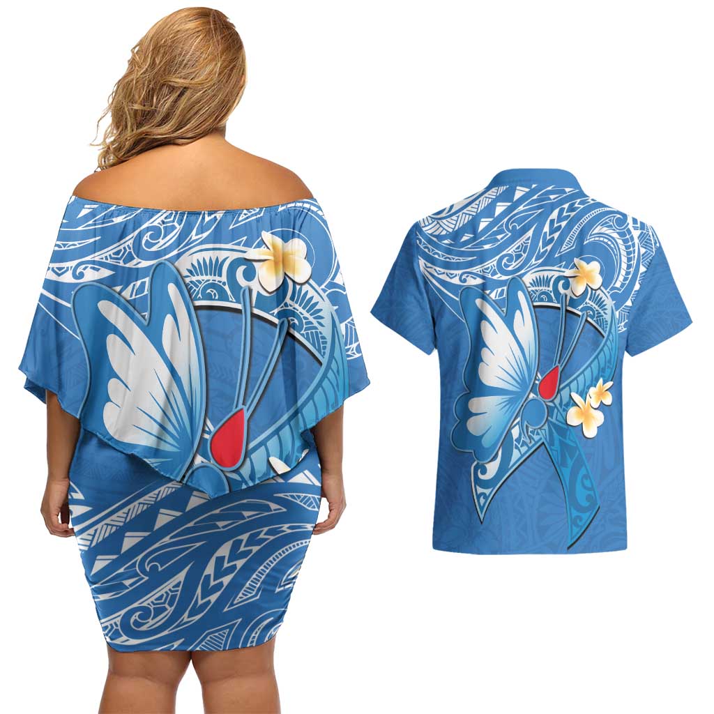 Polynesia Diabetes Awareness Month Couples Matching Off Shoulder Short Dress and Hawaiian Shirt In November We Wear Blue