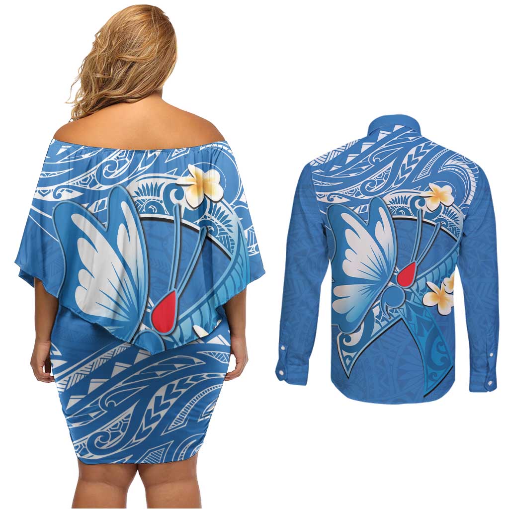 Polynesia Diabetes Awareness Month Couples Matching Off Shoulder Short Dress and Long Sleeve Button Shirt In November We Wear Blue