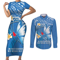 Polynesia Diabetes Awareness Month Couples Matching Short Sleeve Bodycon Dress and Long Sleeve Button Shirt In November We Wear Blue