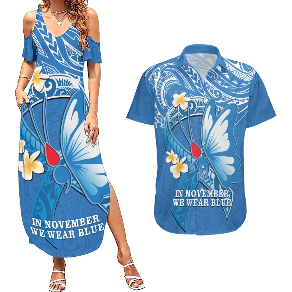Polynesia Diabetes Awareness Month Couples Matching Summer Maxi Dress and Hawaiian Shirt In November We Wear Blue