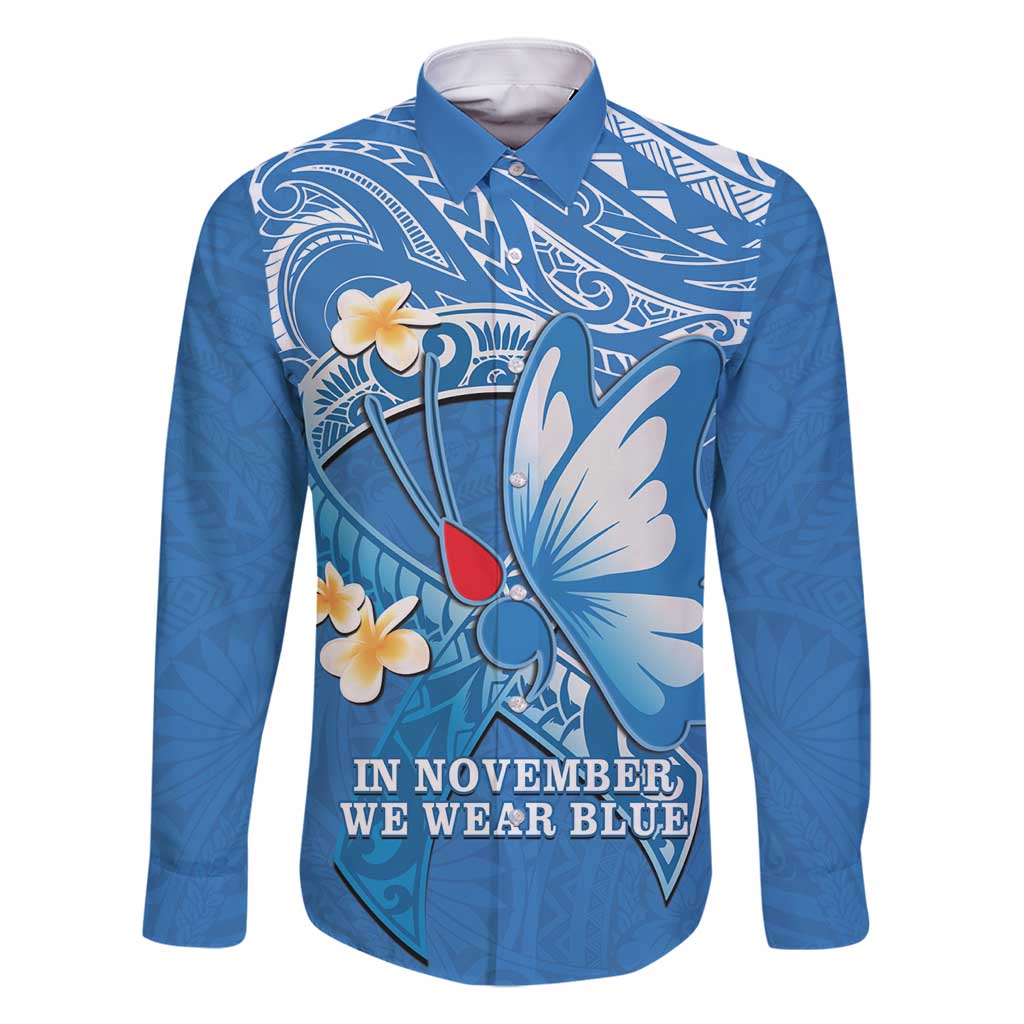 Polynesia Diabetes Awareness Month Family Matching Mermaid Dress and Hawaiian Shirt In November We Wear Blue LT14 Dad's Shirt - Long Sleeve Blue - Polynesian Pride