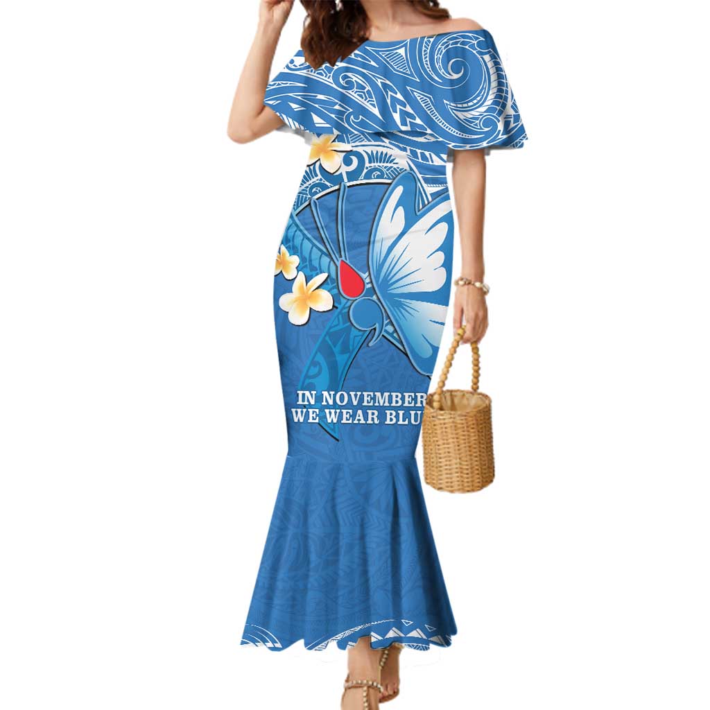 Polynesia Diabetes Awareness Month Family Matching Mermaid Dress and Hawaiian Shirt In November We Wear Blue LT14 Mom's Dress Blue - Polynesian Pride