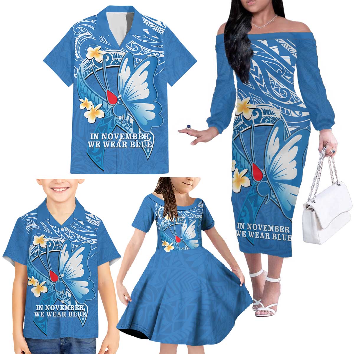 Polynesia Diabetes Awareness Month Family Matching Off The Shoulder Long Sleeve Dress and Hawaiian Shirt In November We Wear Blue LT14 - Polynesian Pride