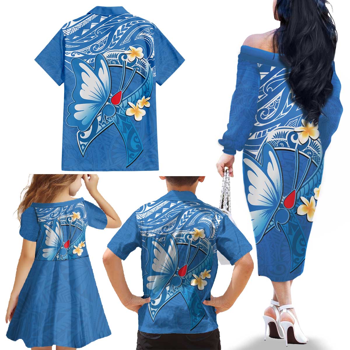 Polynesia Diabetes Awareness Month Family Matching Off The Shoulder Long Sleeve Dress and Hawaiian Shirt In November We Wear Blue LT14 - Polynesian Pride