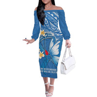 Polynesia Diabetes Awareness Month Family Matching Off The Shoulder Long Sleeve Dress and Hawaiian Shirt In November We Wear Blue LT14 Mom's Dress Blue - Polynesian Pride