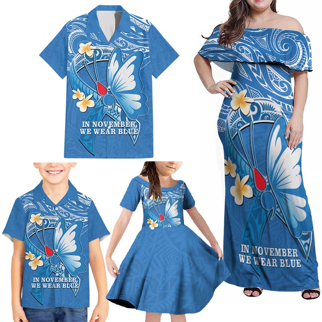 Polynesia Diabetes Awareness Month Family Matching Off Shoulder Maxi Dress and Hawaiian Shirt In November We Wear Blue LT14 - Polynesian Pride