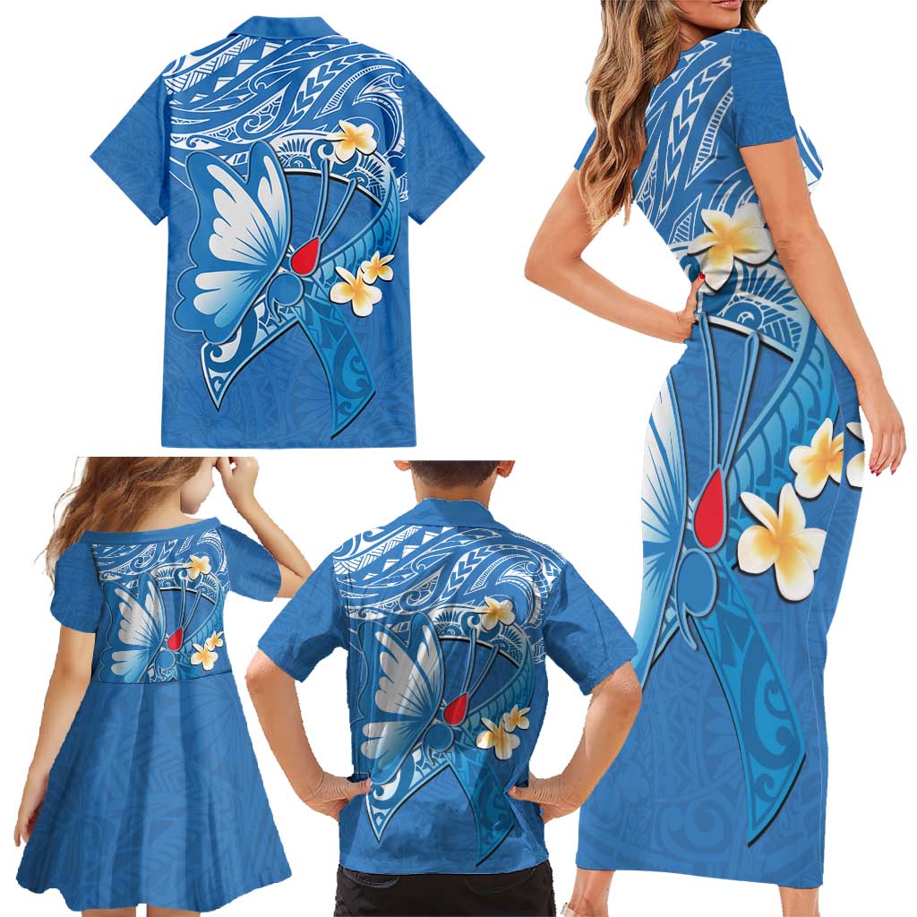 Polynesia Diabetes Awareness Month Family Matching Short Sleeve Bodycon Dress and Hawaiian Shirt In November We Wear Blue