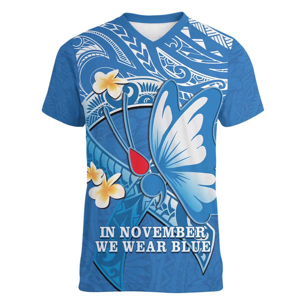 Polynesia Diabetes Awareness Month Women V-Neck T-Shirt In November We Wear Blue LT14 Female Blue - Polynesian Pride