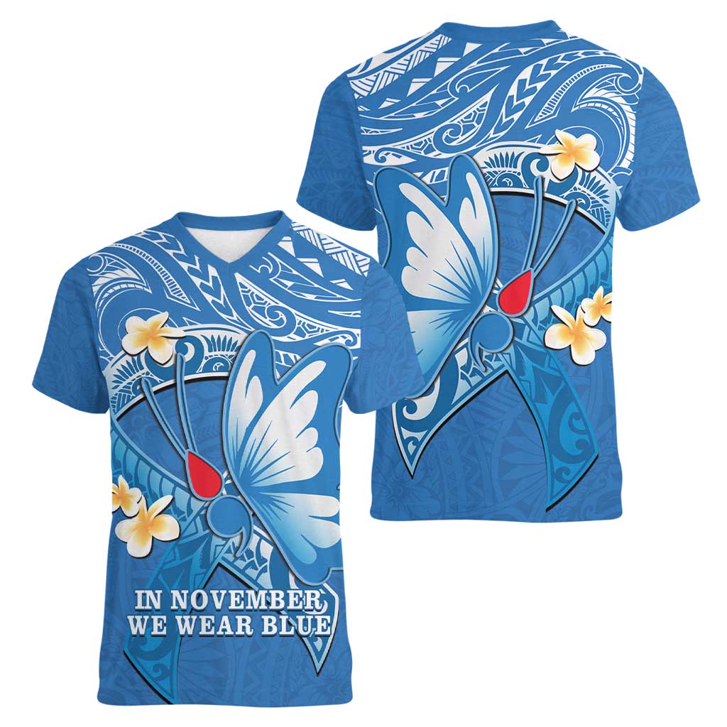 Polynesia Diabetes Awareness Month Women V-Neck T-Shirt In November We Wear Blue LT14 - Polynesian Pride