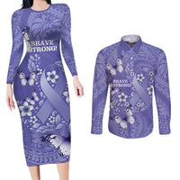 Polynesia Stomach Cancer Awareness Couples Matching Long Sleeve Bodycon Dress and Long Sleeve Button Shirt Periwinkle Ribbon Brave Strong!