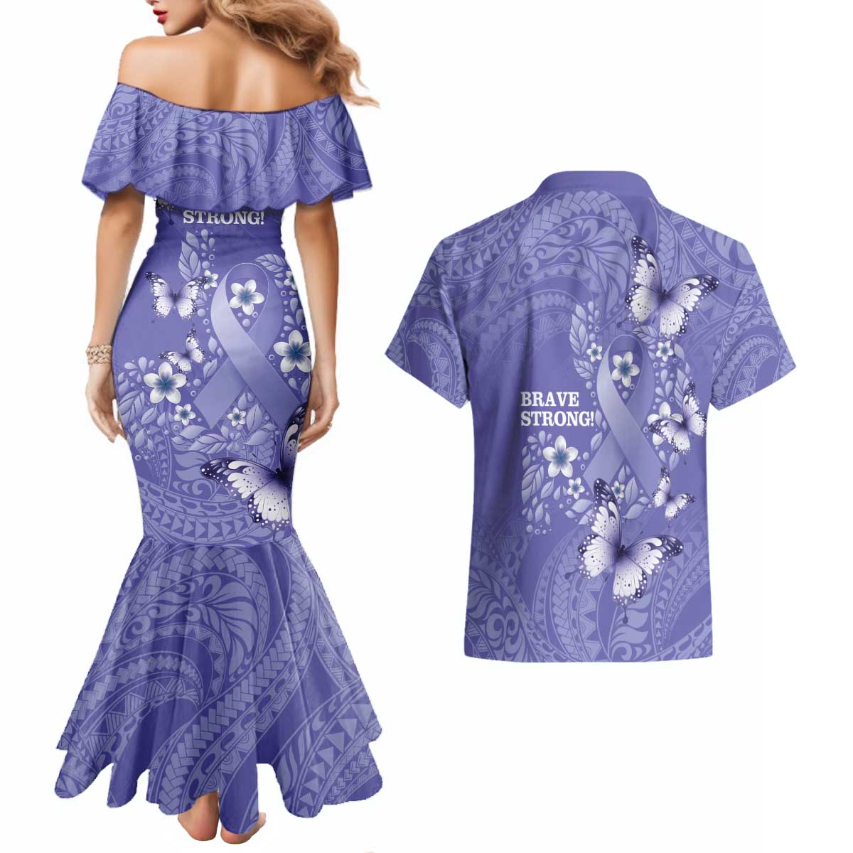 Polynesia Stomach Cancer Awareness Couples Matching Mermaid Dress and Hawaiian Shirt Periwinkle Ribbon Brave Strong! LT14 - Polynesian Pride