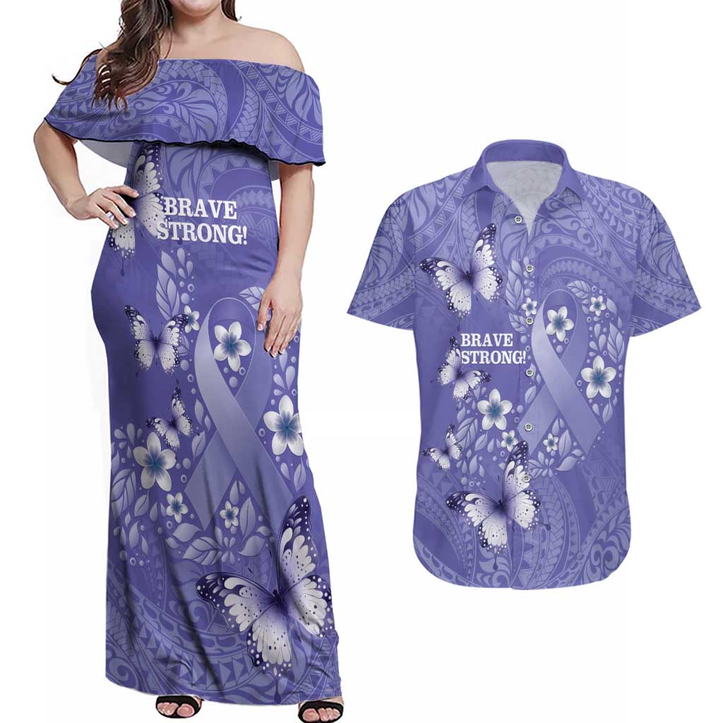 Polynesia Stomach Cancer Awareness Couples Matching Off Shoulder Maxi Dress and Hawaiian Shirt Periwinkle Ribbon Brave Strong! LT14 Periwinkle - Polynesian Pride