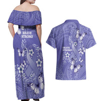 Polynesia Stomach Cancer Awareness Couples Matching Off Shoulder Maxi Dress and Hawaiian Shirt Periwinkle Ribbon Brave Strong! LT14 - Polynesian Pride