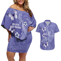 Polynesia Stomach Cancer Awareness Couples Matching Off Shoulder Short Dress and Hawaiian Shirt Periwinkle Ribbon Brave Strong!