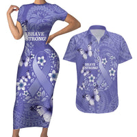 Polynesia Stomach Cancer Awareness Couples Matching Short Sleeve Bodycon Dress and Hawaiian Shirt Periwinkle Ribbon Brave Strong! LT14 Periwinkle - Polynesian Pride