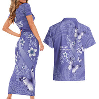 Polynesia Stomach Cancer Awareness Couples Matching Short Sleeve Bodycon Dress and Hawaiian Shirt Periwinkle Ribbon Brave Strong! LT14 - Polynesian Pride