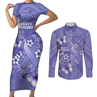 Polynesia Stomach Cancer Awareness Couples Matching Short Sleeve Bodycon Dress and Long Sleeve Button Shirt Periwinkle Ribbon Brave Strong!