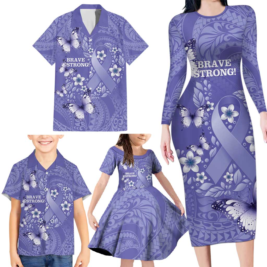 Polynesia Stomach Cancer Awareness Family Matching Long Sleeve Bodycon Dress and Hawaiian Shirt Periwinkle Ribbon Brave Strong!