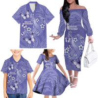 Polynesia Stomach Cancer Awareness Family Matching Off The Shoulder Long Sleeve Dress and Hawaiian Shirt Periwinkle Ribbon Brave Strong! LT14 - Polynesian Pride