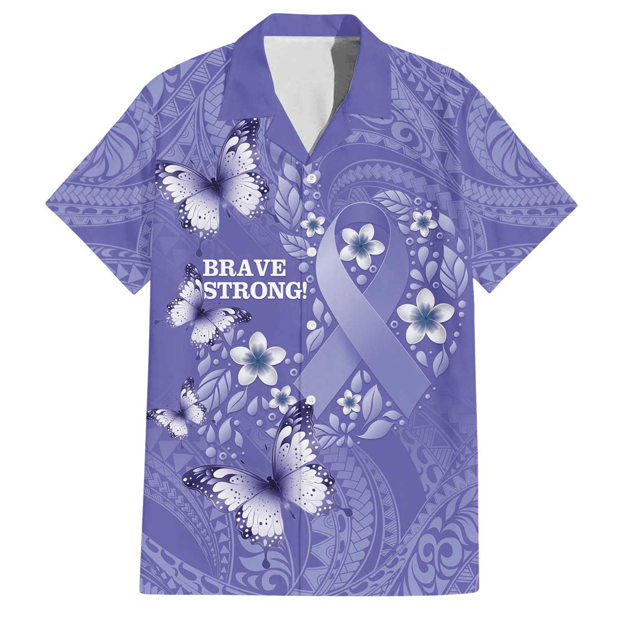 Polynesia Stomach Cancer Awareness Family Matching Off The Shoulder Long Sleeve Dress and Hawaiian Shirt Periwinkle Ribbon Brave Strong! LT14 Dad's Shirt - Short Sleeve Periwinkle - Polynesian Pride