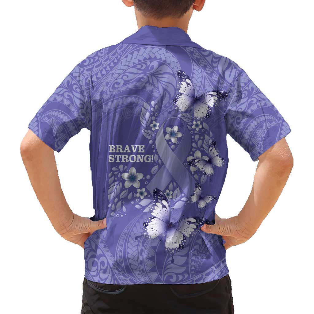 Polynesia Stomach Cancer Awareness Family Matching Off Shoulder Maxi Dress and Hawaiian Shirt Periwinkle Ribbon Brave Strong! LT14 - Polynesian Pride