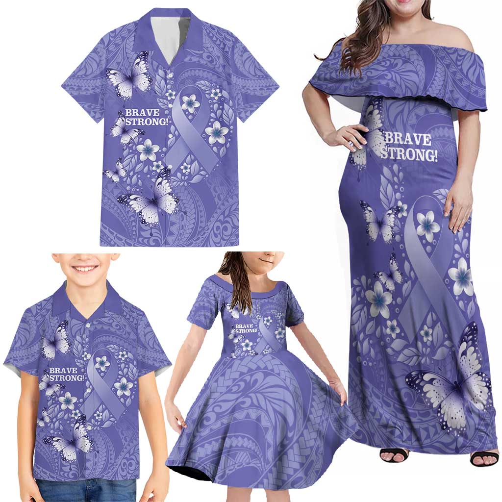 Polynesia Stomach Cancer Awareness Family Matching Off Shoulder Maxi Dress and Hawaiian Shirt Periwinkle Ribbon Brave Strong! LT14 - Polynesian Pride