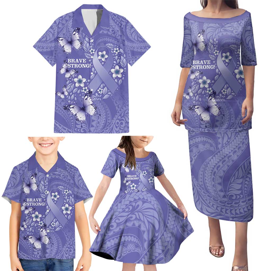 Polynesia Stomach Cancer Awareness Family Matching Puletasi and Hawaiian Shirt Periwinkle Ribbon Brave Strong! LT14 - Polynesian Pride