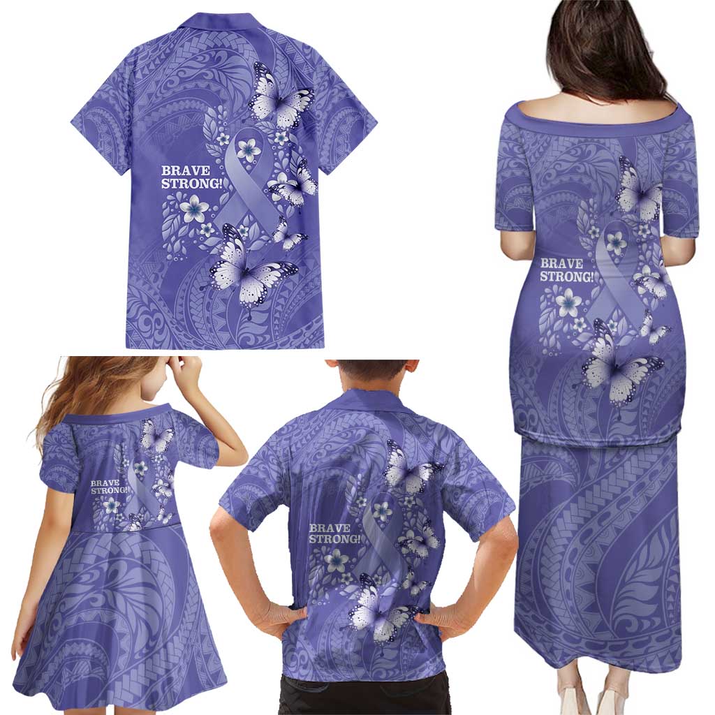 Polynesia Stomach Cancer Awareness Family Matching Puletasi and Hawaiian Shirt Periwinkle Ribbon Brave Strong! LT14 - Polynesian Pride