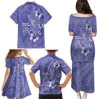 Polynesia Stomach Cancer Awareness Family Matching Puletasi and Hawaiian Shirt Periwinkle Ribbon Brave Strong! LT14 - Polynesian Pride