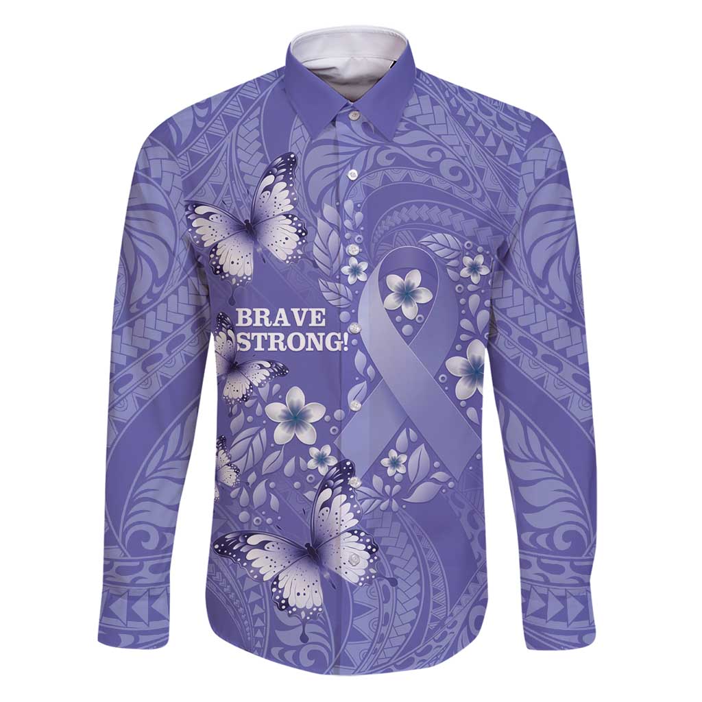 Polynesia Stomach Cancer Awareness Family Matching Puletasi and Hawaiian Shirt Periwinkle Ribbon Brave Strong! LT14 Dad's Shirt - Long Sleeve Periwinkle - Polynesian Pride