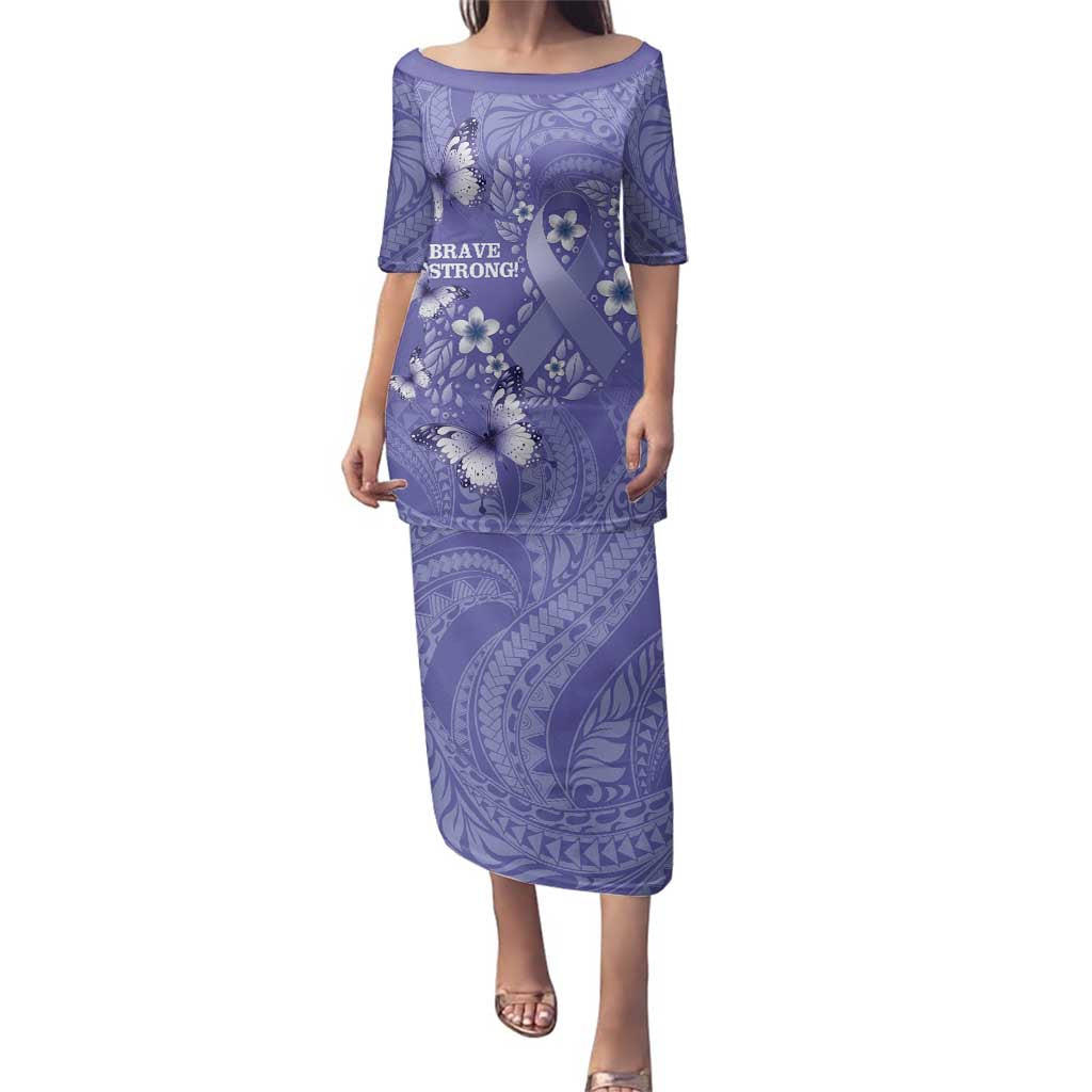 Polynesia Stomach Cancer Awareness Family Matching Puletasi and Hawaiian Shirt Periwinkle Ribbon Brave Strong! LT14 Mom's Dress Periwinkle - Polynesian Pride