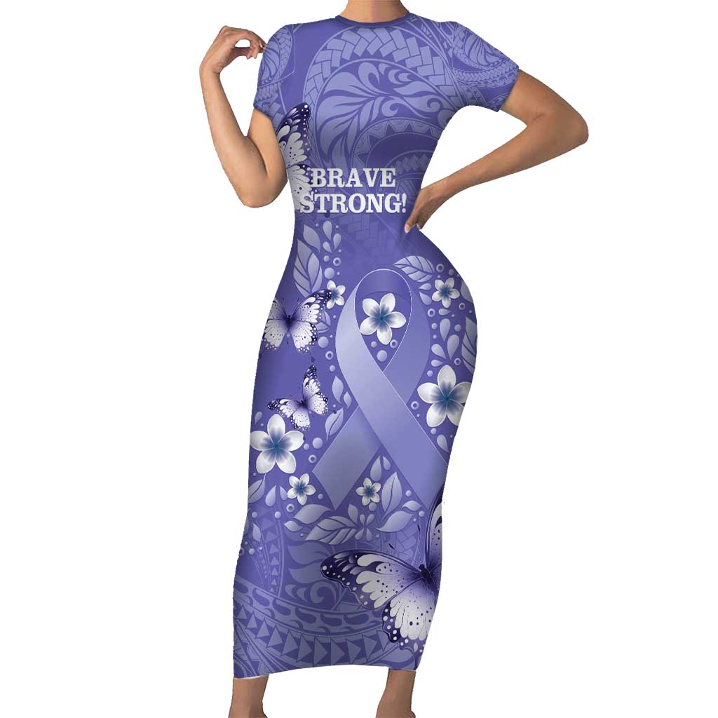 Polynesia Stomach Cancer Awareness Family Matching Short Sleeve Bodycon Dress and Hawaiian Shirt Periwinkle Ribbon Brave Strong!