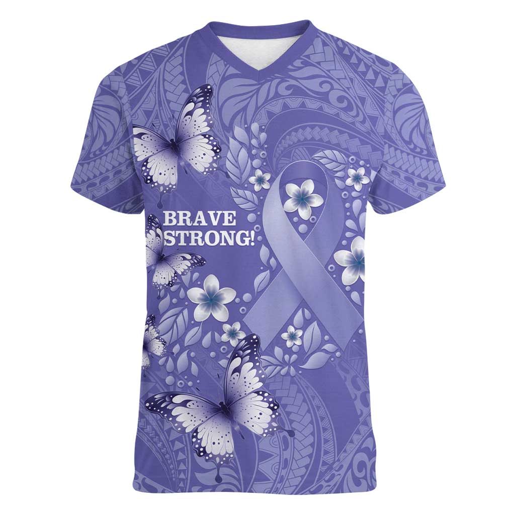 Polynesia Stomach Cancer Awareness Women V-Neck T-Shirt Periwinkle Ribbon Brave Strong!
