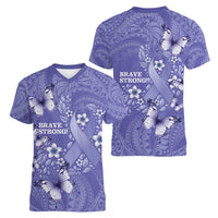 Polynesia Stomach Cancer Awareness Women V-Neck T-Shirt Periwinkle Ribbon Brave Strong!